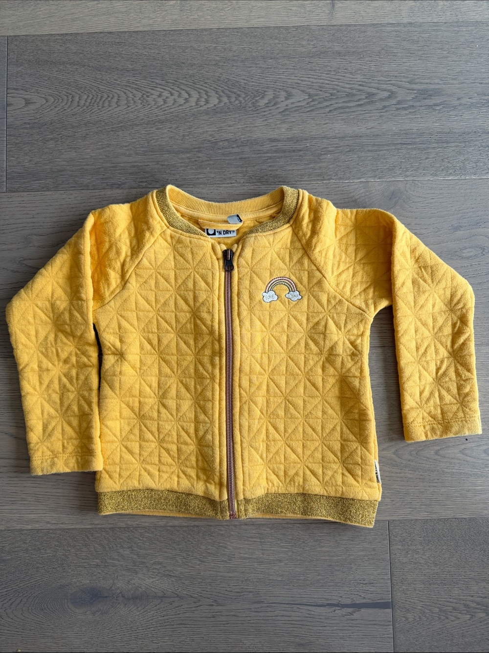 Tumble Dry Bright Yellow Quilted Kids Zip Jacket with Rainbow Patch